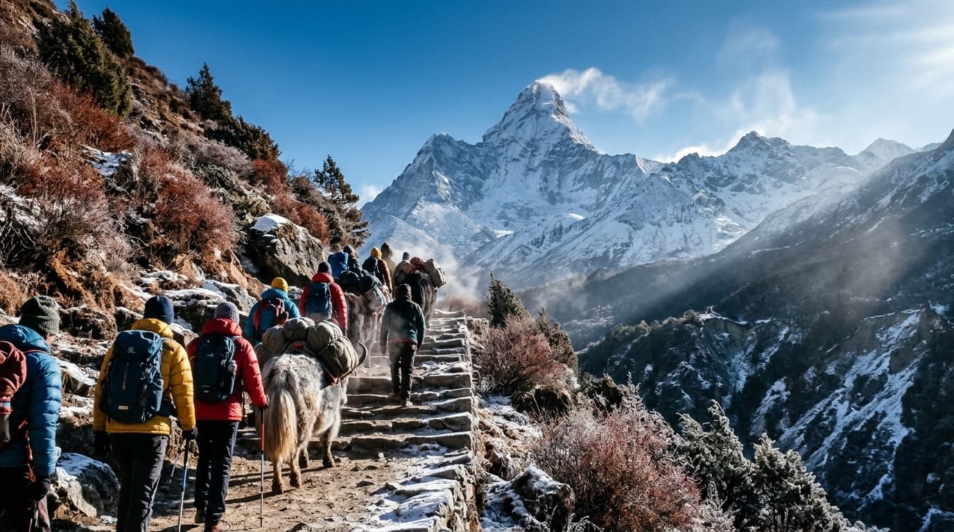 Trekkers walking through a snow-covered Himalayan village in Nepal.