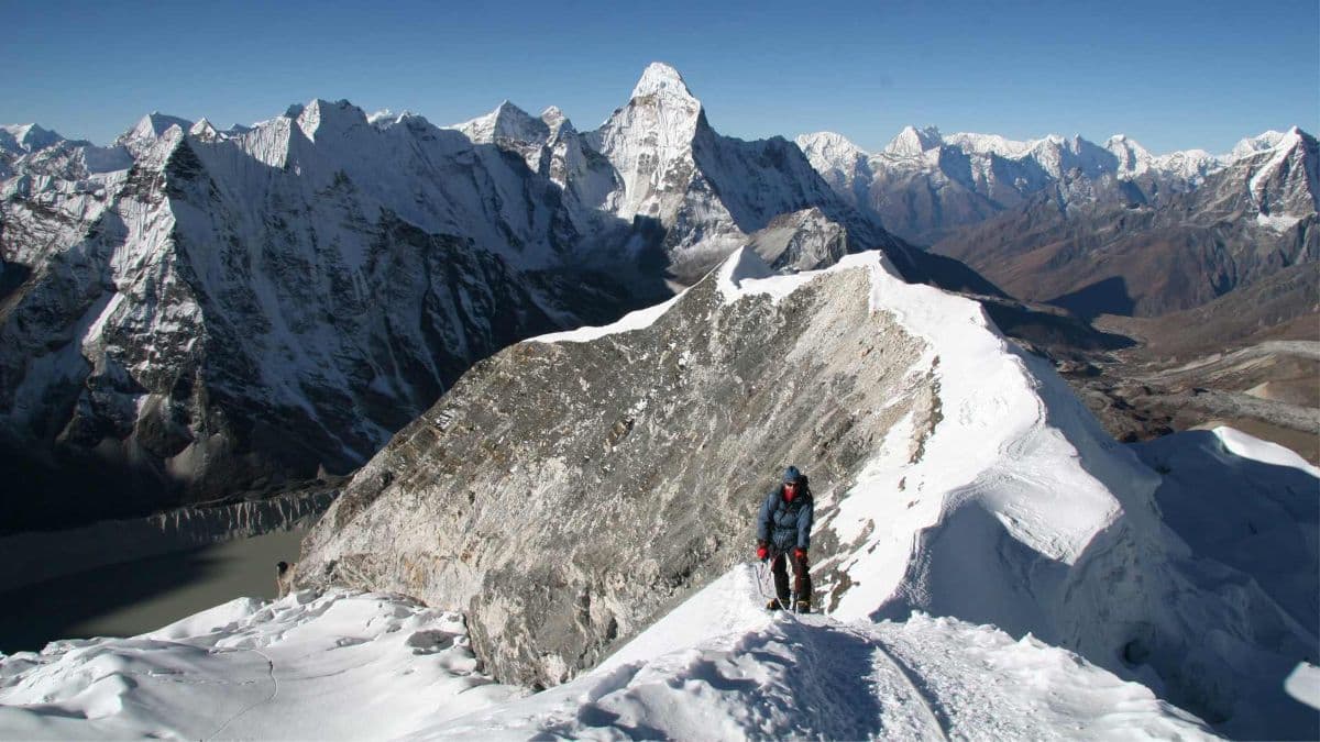 Climbers ascending Island Peak in the Himalayas
