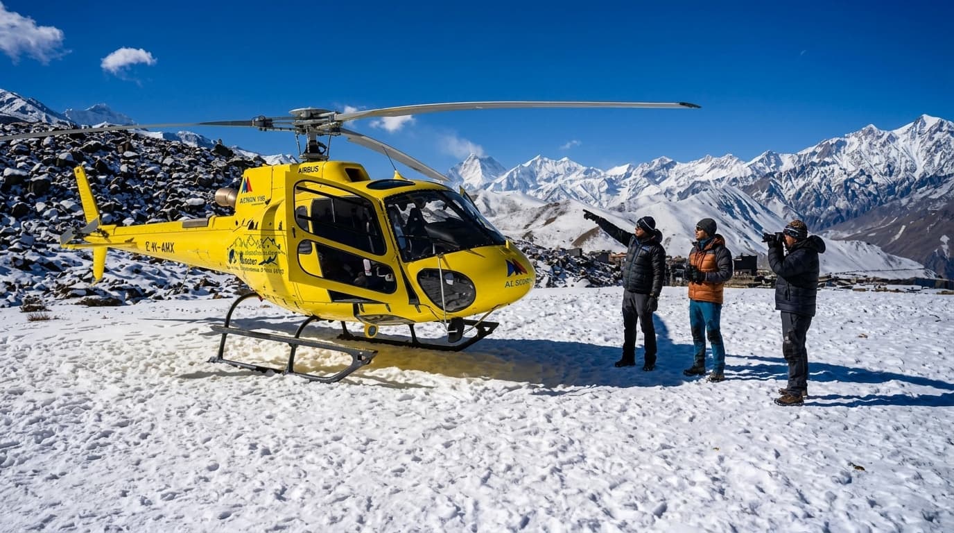 Helicopter flight over the mountains near Muktinath Temple
